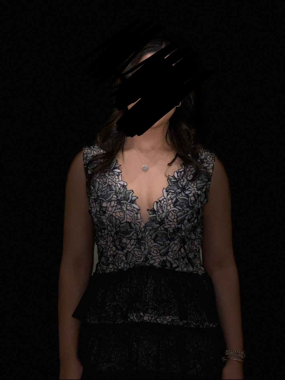 *WORN ONCE* BCBG Lace Floral V-Neck Peplum Midi Dress in Black and Ivory